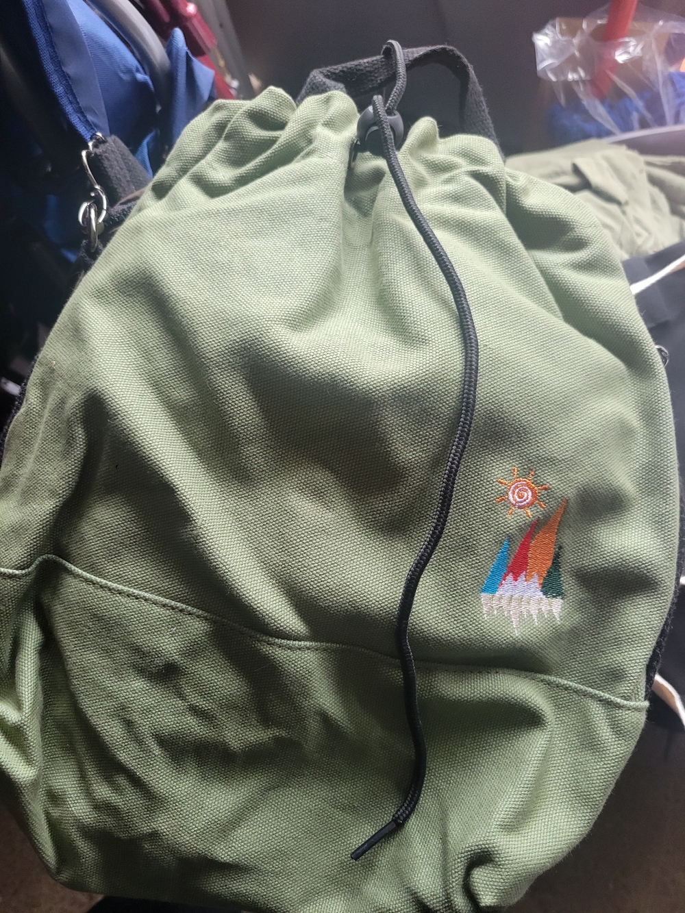 Green Canvas Drawstring Bag with Colorful Embroidery